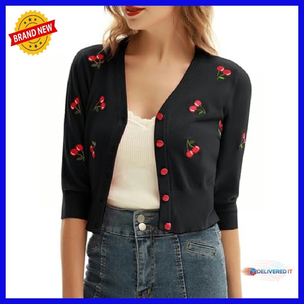 3/4 Sleeve V-Neck Button Down Cropped Cardigan Sweater Coat - Picture 3 of 8